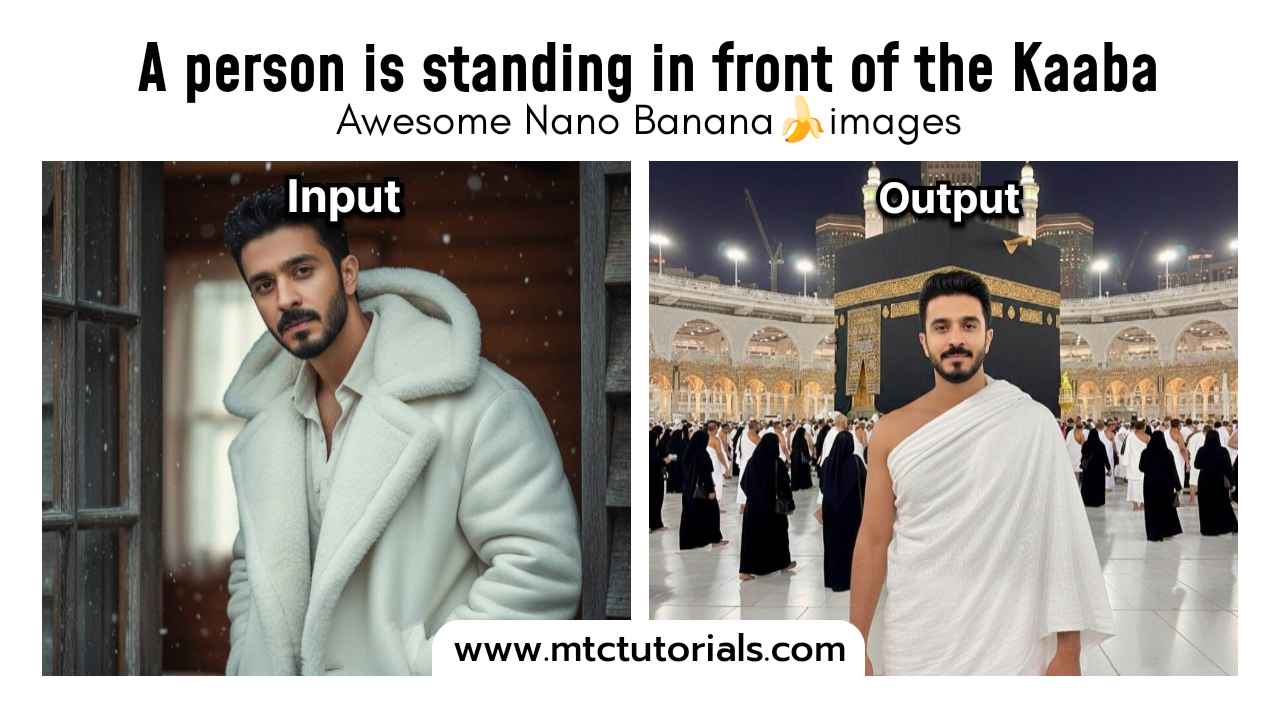 A person is standing in front of the Kaaba