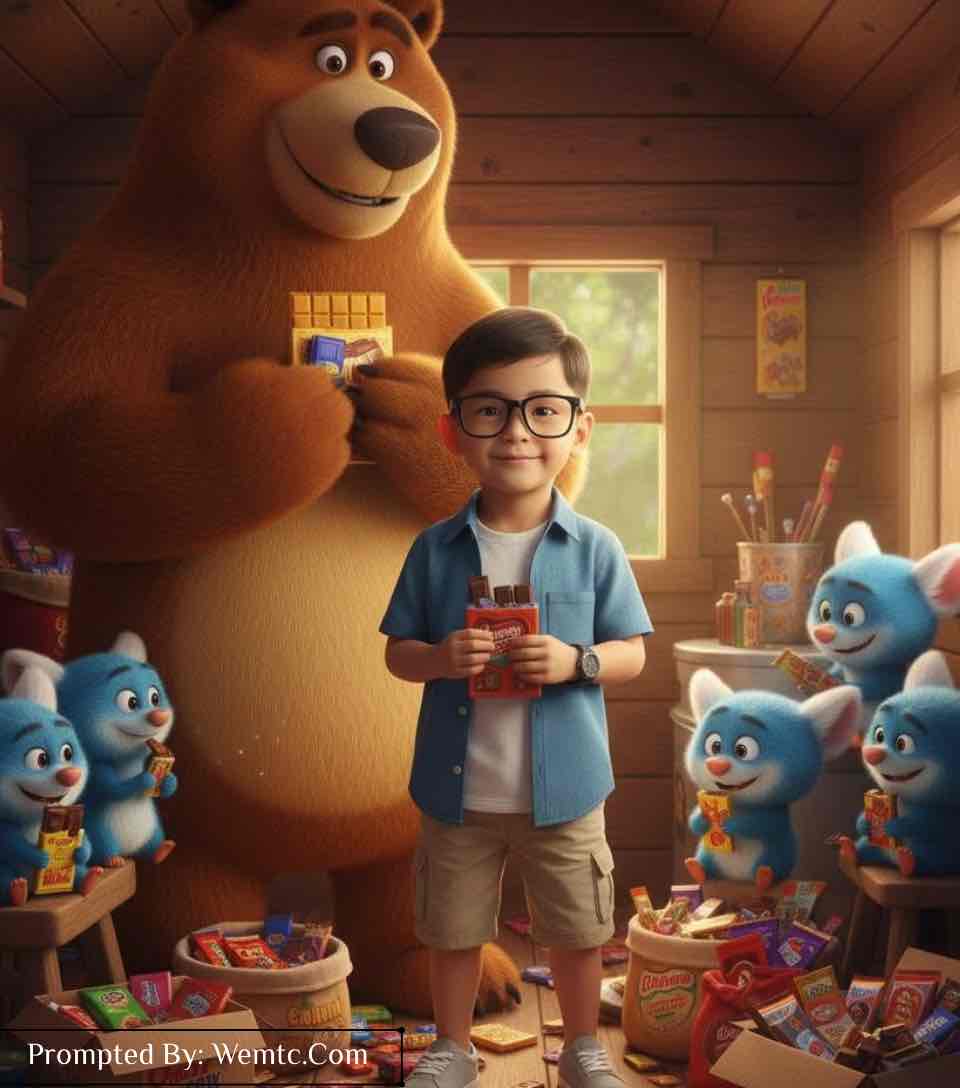 Candy Cabin with the Bear and Blue Creatures kids prompts for nano banana