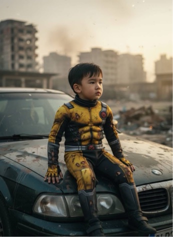 Nano Banana Aftermath: Child in Battle-Worn Costume Faces Urban Destruction