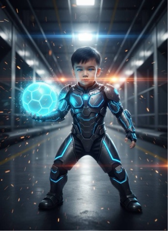 Gemini Neon Core: Child in Futuristic Armor Wields Energy Sphere in Tech Corridor