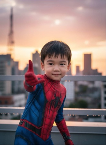 Nano Banana Skyline: Child in Spider-Man Costume Gives a Heroic Thumbs-Up