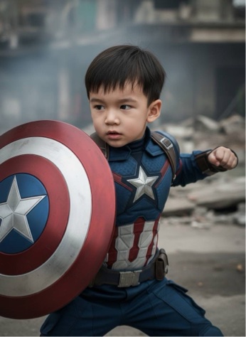 Nano Banana Valor: Child in Captain America Costume Stands Strong in Urban Ruins
