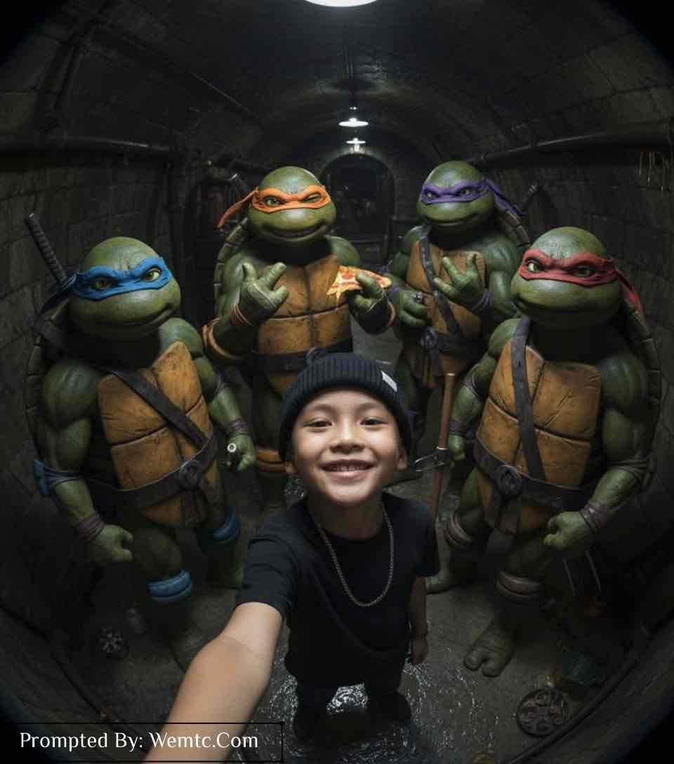 Selfie in the Sewer with the Ninja Turtles Gemini prompt