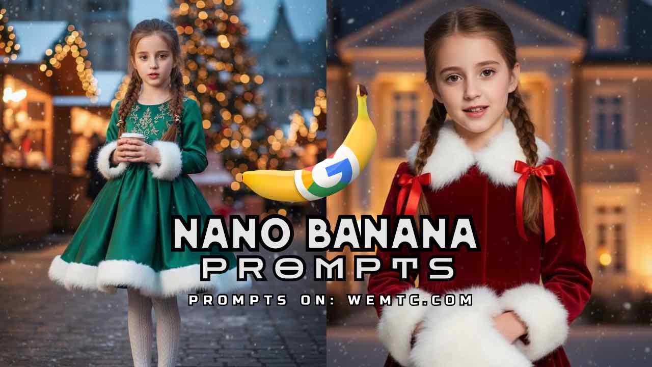 Nano Banana prompts, Christmas AI prompts, holiday portraits AI, festive portrait ideas, Christmas character prompts,