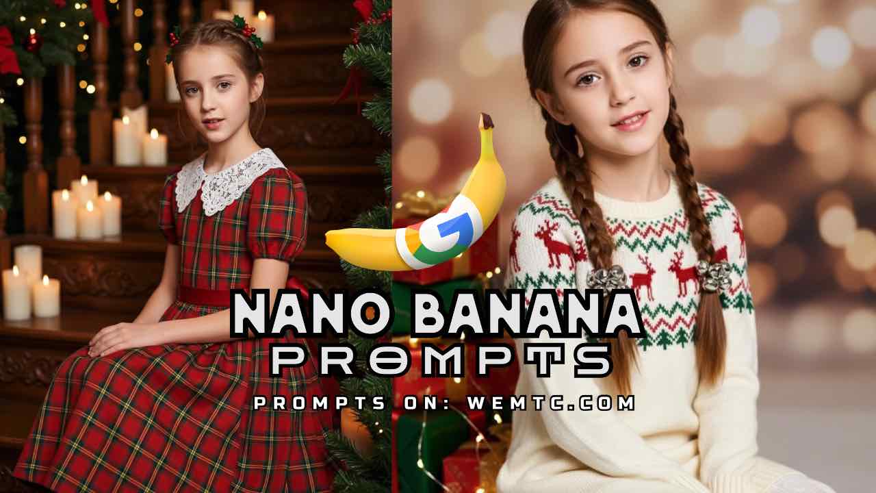 Nano Banana prompts, Christmas AI prompts, holiday portraits AI, festive portrait ideas, Christmas character prompts,